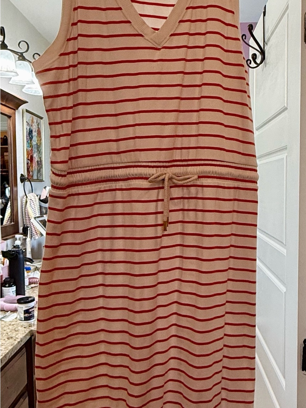 Sleeveless White and Orange Striped Midi Dress. 2X
